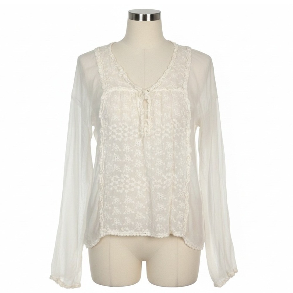 Sundance Lace Trimmed Boho Sheer Long Sleeve Blouse Top Womens XS Ivory